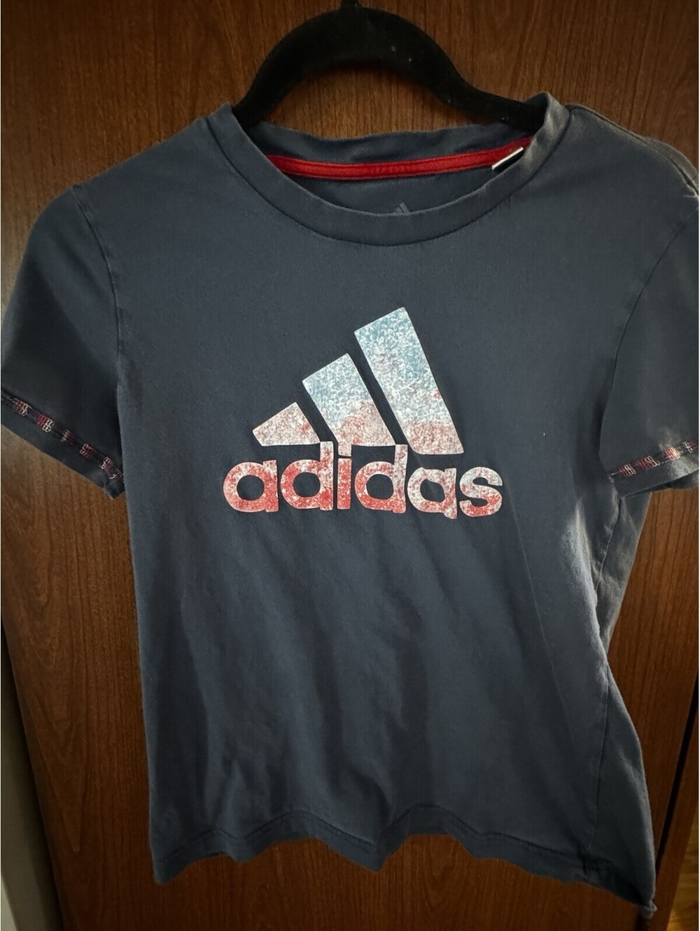 Adidas Women’s M Blue Distressed Logo T Shirt Red White Blue Short Sleeve
